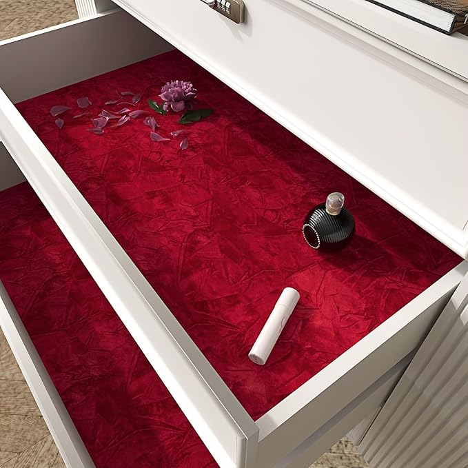 LaCheery Dark Red Velvet Wallpaper Peel and Stick Burgundy Wallpaper for Bedroom Flocked Velvet Wallpaper Red Fabric Wall Paper Textured Felt Liner Contact Paper for Drawers Jewelry Box Wall 15.8