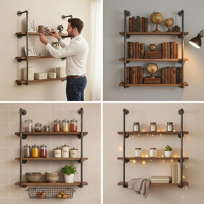 Industrial Wall Mounted Iron Floating Pipe Shelves/Shelving/Racks/Storage/Bookcases/Brackets, DIY Open Bookshelves, Retro Black (4-Tier Shelf Brackets with 3 Boards)