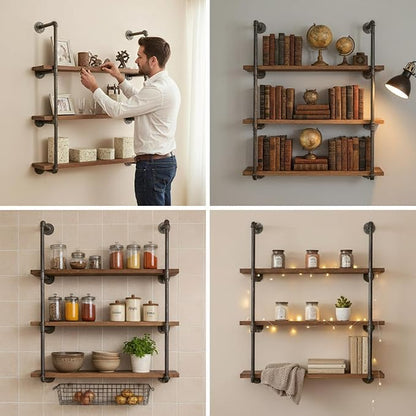 Industrial Wall Mounted Iron Floating Pipe Shelves/Shelving/Racks/Storage/Bookcases/Brackets, DIY Open Bookshelves, Retro Black (4-Tier Shelf Brackets with 3 Boards)