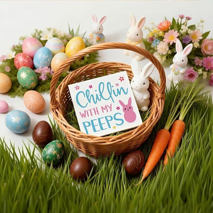 Easter Decorations for Home Chillin With My Peeps Wooden Sign, Funny Bunny Spring Porch Decor, Easter Desk Table Decorations, Farmhouse Front Door Wall Plaque, Holiday Party Supplies