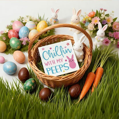 Easter Decorations for Home Chillin With My Peeps Wooden Sign, Funny Bunny Spring Porch Decor, Easter Desk Table Decorations, Farmhouse Front Door Wall Plaque, Holiday Party Supplies