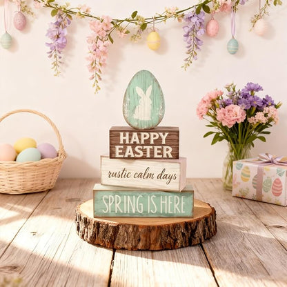 Easter Decorations - Happy Easter Bunny Egg Tiered Tray Decor - Wooden Easter Tabletop Sign - Rustic Farmhouse Spring Home Decor Indoor for Tiered Tray Shelf Mantel Entryway Coffee Table