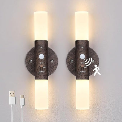 LED Motion Sensor Lights Battery Operated Wall Sconces Set of 2 Rechargeable Wireless Picture Art Light Magnetic 360° Rotation Corner Lamps for Gallery Stairway Vanity Living Room Bedroom