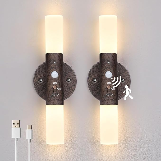 LED Motion Sensor Lights Battery Operated Wall Sconces Set of 2 Rechargeable Wireless Picture Art Light Magnetic 360° Rotation Corner Lamps for Gallery Stairway Vanity Living Room Bedroom