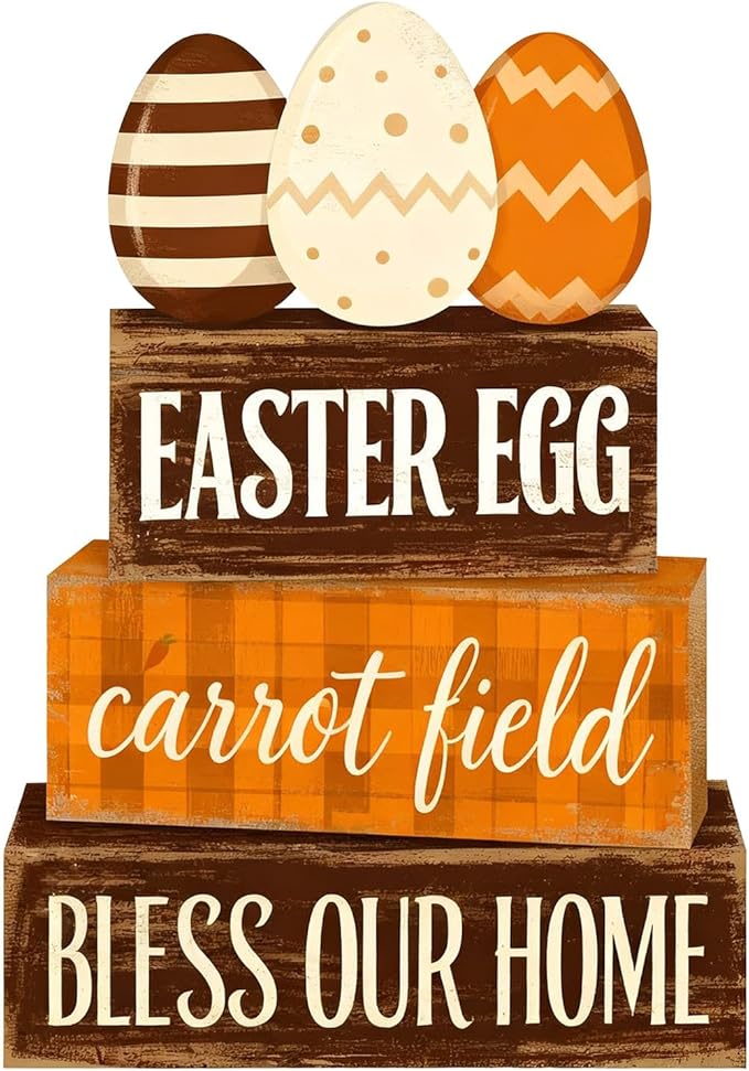 Easter Decorations - Easter Egg Carrot Field Tiered Tray Decor - Wooden Farmhouse Easter Tabletop Sign with Eggs & Carrot Theme - Rustic Spring Home Decor for Shelf Mantel Kitchen - Spring Home Decor for Living Room, Kitchen Counter