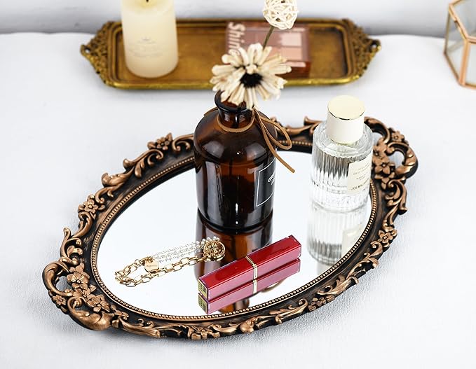 Vintage Decorative Gold Framed Mirror, Wall Hanging Mirrors & Tabletop Tray for Bedroom Living Room Dresser Decor, Oval- 9.6" W x 14.3" L (Bronze)