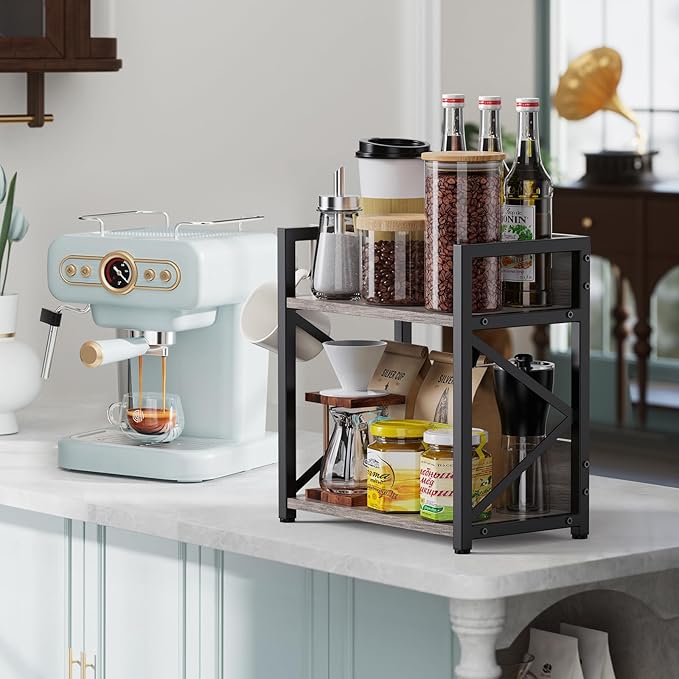 Kitchen Countertop Organizer, Coffee Bar Station Organizer for Countertop, 2 Tiers Kitchen Counter Shelf, Wooden Spice Rack Organizer, Space Saving Desk Shelving Riser Unit