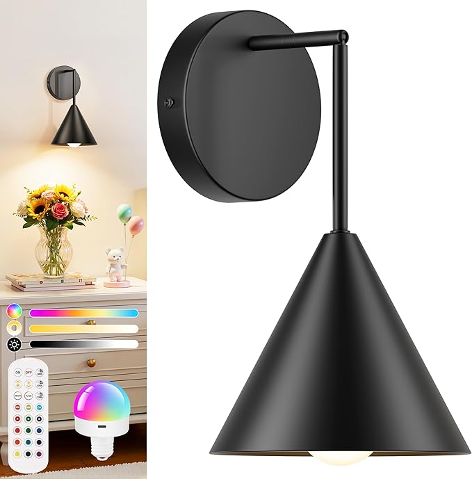 Rechargeable Wall Sconce, Black Wireless Battery Operated Wall Lamp with Remote, Dimmable & Timer, Modern Industrial Indoor Light Fixture, Bulb Included