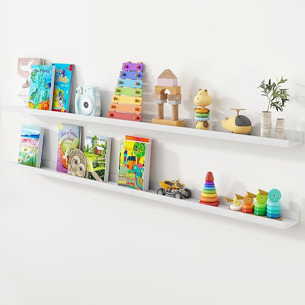Axeman Oak Picture Ledge Shelf, 72 Inch Floating Shelves Set of 2, Solid Oak Wood Wall Shelves with Lip, Wall Decor Storage for Bedroom Living Room Bathroom Kitchen Nursery Photo Picture, White