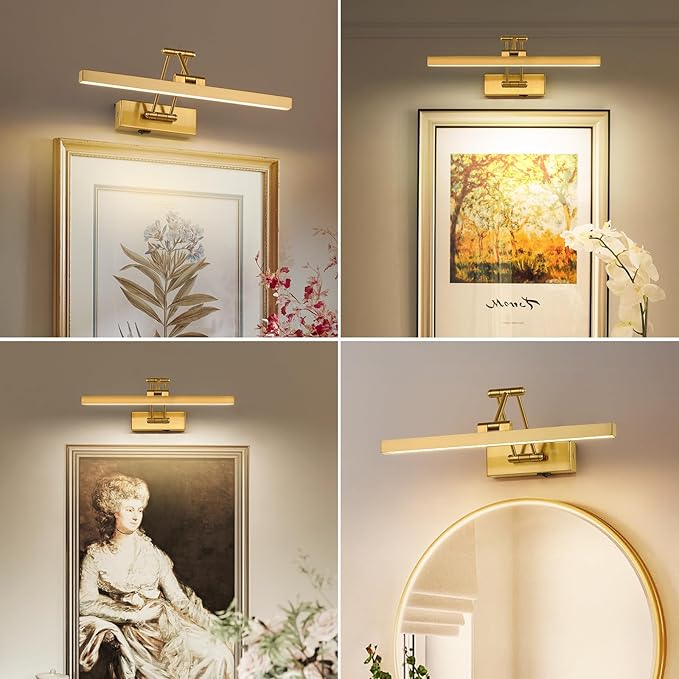 Rechargeable Lights for Pictures on wall Battery Operated Brass 15.7 Inch Wall Lights with Swing Arm and Timer Function Cordless Art Light with Remote Timer for Paintings,Gallery