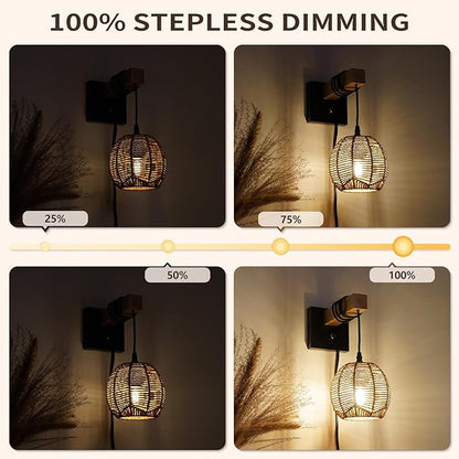 N01 Plug in Dimmable Wall Sconces Hanging Boho Rattan Wall Lamp Farmhouse Stepless Wall Sconce Woven Wall Lamp Hardwired Wall Lights for Living Room Bedroom Bedside Hallway (Bulb Included)
