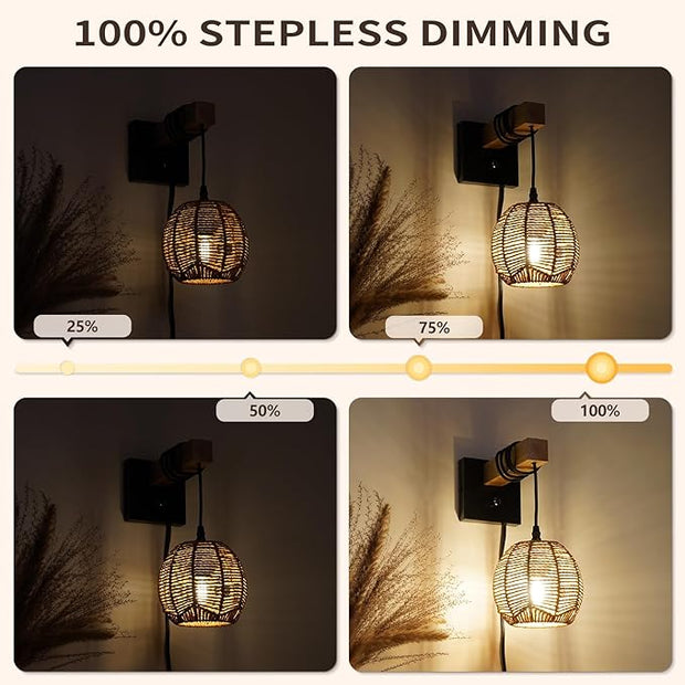 N01 Plug in Dimmable Wall Sconces Hanging Boho Rattan Wall Lamp Farmhouse Stepless Wall Sconce Woven Wall Lamp Hardwired Wall Lights for Living Room Bedroom Bedside Hallway (Bulb Included)