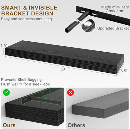 Fun Memories 30Inch Floating Shelves for Wall, 2 Pack Rustic Wood Shelves for Bathroom|Kitchen Wall Mounted Floating Shelf with Invisible Brackets for Books|Storage|Decor,Black