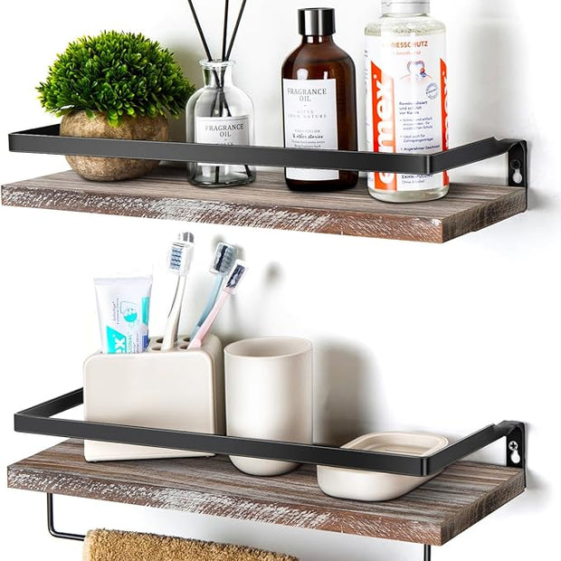 Floating Shelves for Wall, Bathroom Shelves with Towel Bar, Wall Mounted Storage Shelves for Kitchen, Bathroom, Set of 2 White Washed