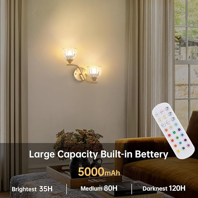 Battery Operated Wall Sconce, 2-Lights Vinatge Brass Wall Lighting with Clear Tluip Shade Rechargeable Bulb with Remote for Living Room, Bedroom