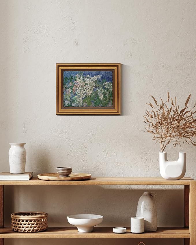 HUARCEY Gold Framed Vintage Wall Art for Living Room, Flowers Painting Canvas Prints Shelf Decor for Kitchen, Van Gogh Bedroom Wall Art, Christmas Gifts for Friends or Family ( Chestnut Branches 8