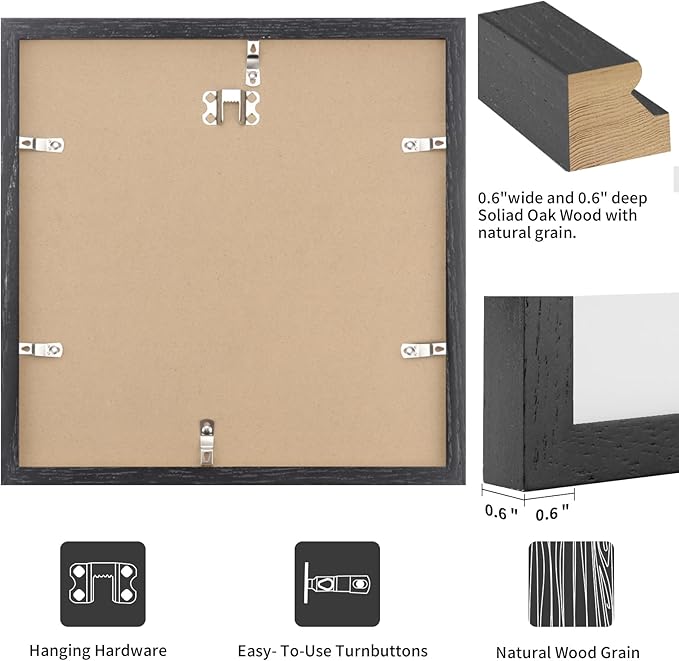 puthiac 12x12 Solid Oak Wood Picture Frame, Fits 8x8 with Mat or 12x12 Without Mat, Wall Display Only, Plexi Front, 3 Pack, Black