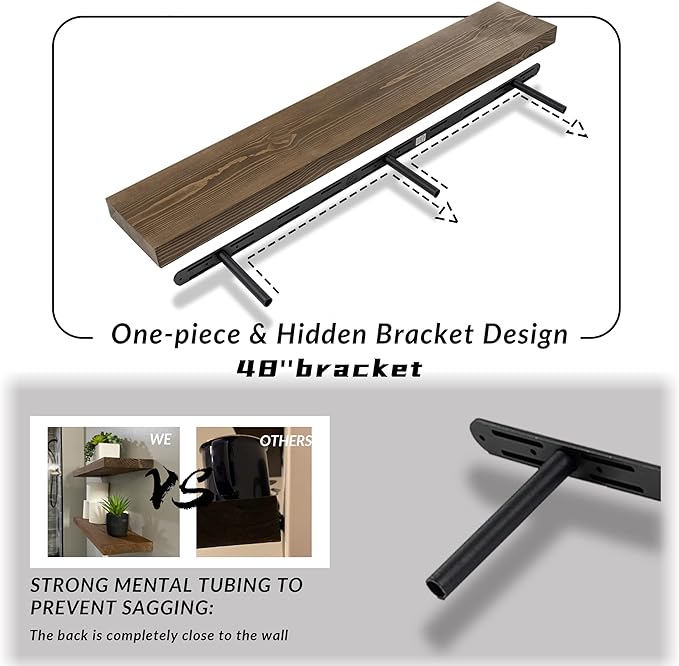 Solid Wood Floating Shelves 48 Inch, Walnut Floating Shelf for Wall Mounted, Solid Wooden Wall Shelves for Living Room Bedroom & Kitchen, Heavy Duty Bracket,Walnut Finish, 48 x 8x2, Set of 2