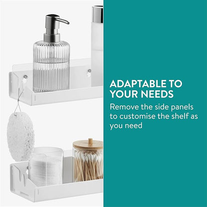 Navaris Opaque White Acrylic Shower Shelves (Set of 2) - Stick On or Screw Mount Adhesive Shelves for Bathroom - No Drilling or Nails Thin Plastic Wall Shelf