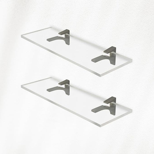 Clear Acrylic Shelves 11.5 inches, 3/4" Thick Transparent Wall Mounted Floating Shelves for Bedroom, Living Room, Bathroom, Kitchen -‎ with Screws and Brushed Nickel Finish Brackets, Pack of 2