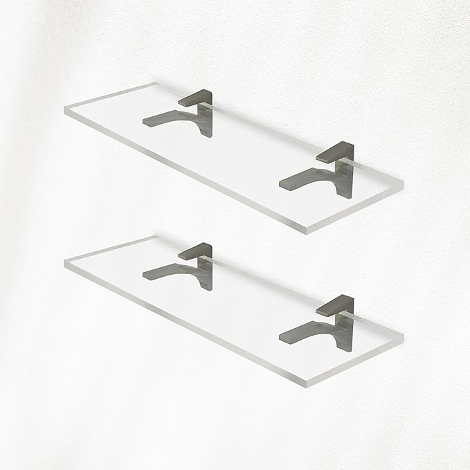 Clear Acrylic Shelves 11.5 inches, 3/4" Thick Transparent Wall Mounted Floating Shelves for Bedroom, Living Room, Bathroom, Kitchen -‎ with Screws and Brushed Nickel Finish Brackets, Pack of 2