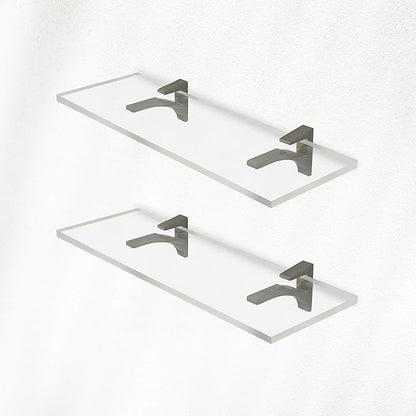 Clear Acrylic Shelves 6" W x 16.5 L, 3/4" Thick Wall Mounted Transparent Acrylic Shelves for Bedroom, Living Room, Bathroom, Kitchen -‎ Brushed Nickel Brackets, Pack of 2