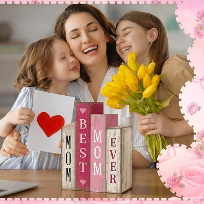 4 Pcs Mothers Day Table Decoration Wooden Book Pink White Tiered Tray Decor Happy Mother's Centerpieces Mom Gifts from Daughter Son for Home Shelf Indoor Party Decoration