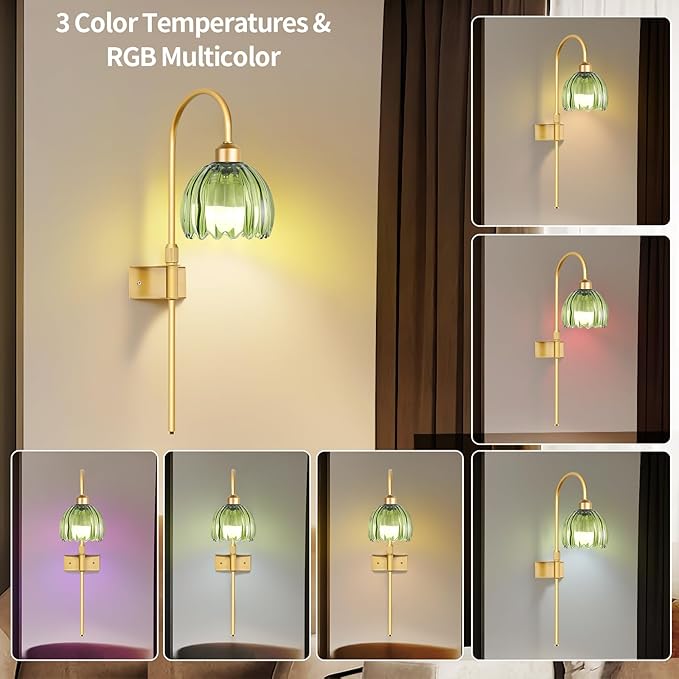 Vintage Battery Operated Wall Sconces Set of 2, Gold Rechargeable Wireless Wall Lamp Lights with Glass Lampshade & Remote,Dimmable 12 Colors Flower Wall Sconce for Bedroom Living Room Hallway