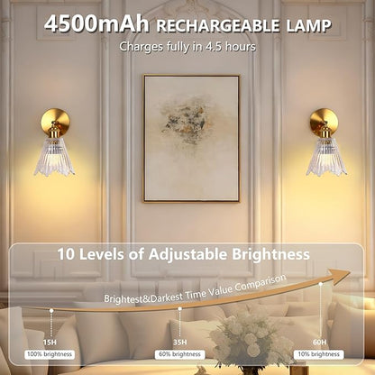 Vintage Battery Operated Wall Sconce with Transparent Crystal Grid Glass Lampshade Rechargeable Battery Powered Wall Light with Remote Control for Bedside Bedroom Bathroom, Set of 2