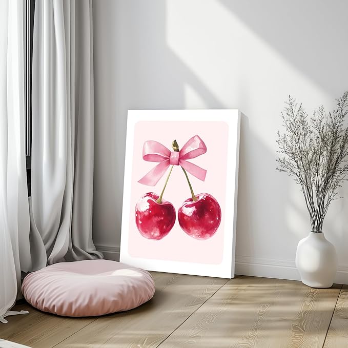 Zeredi Framed Pink Coquette Bow Trendy Preppy Wall Art Prints Set of 3, Coquette Room Decor, Preppy Room Dorm Decor Aesthetic, Pink Bow Cherry Disco Ball Wall Decor Posters for Girls Bedroom 16"x24"