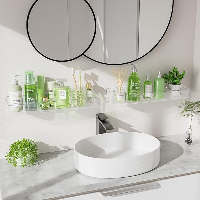 2PCS Acrylic Floating Shelves for Wall, 15" Clear Acrylic Shelves, Bathroom Shelf with Two Types of Installation, Space Saving Hanging Wall Shelf for Bathroom, Living Room, Bedroom, Kitchen