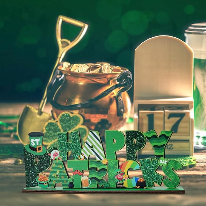 St Patricks Day Decor for Table Happy St Patrick's Day Decoration Wooden Centerpieces Rustic Farmhouse Sign for Tabletop Home Shelf Office St Patricks Day Party Decoration Green
