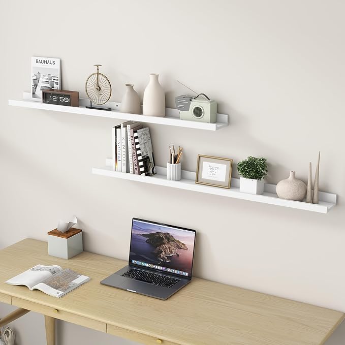 Picture Ledge Shelf, Floating Shelves Set of 2, Solid Ash Wood 48'' Long Large Nursery Book Shelves for Toys Storage, Kids Bookshelf for Living Room Bedroom Decor Books Photo Frames, White