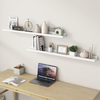 Picture Ledge Shelf, Floating Shelves Set of 2, Solid Ash Wood 48'' Long Large Nursery Book Shelves for Toys Storage, Kids Bookshelf for Living Room Bedroom Decor Books Photo Frames, White