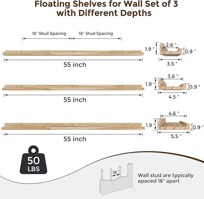 Floating Shelves for Wall, 55 inch Solid Wood Picture Ledge Shelf for Wall Storage, Nursery Book Shelves with Lip for Living Room Bathroom Bedroom Kitchen, Set of 3, Carbonized Black