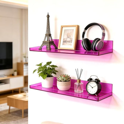 Floating Shelves for Wall Acrylic Wall Shelves for Bedroom Bathroom Living Room Kitchen 16.5X5.5'', Pack of 2, Purple