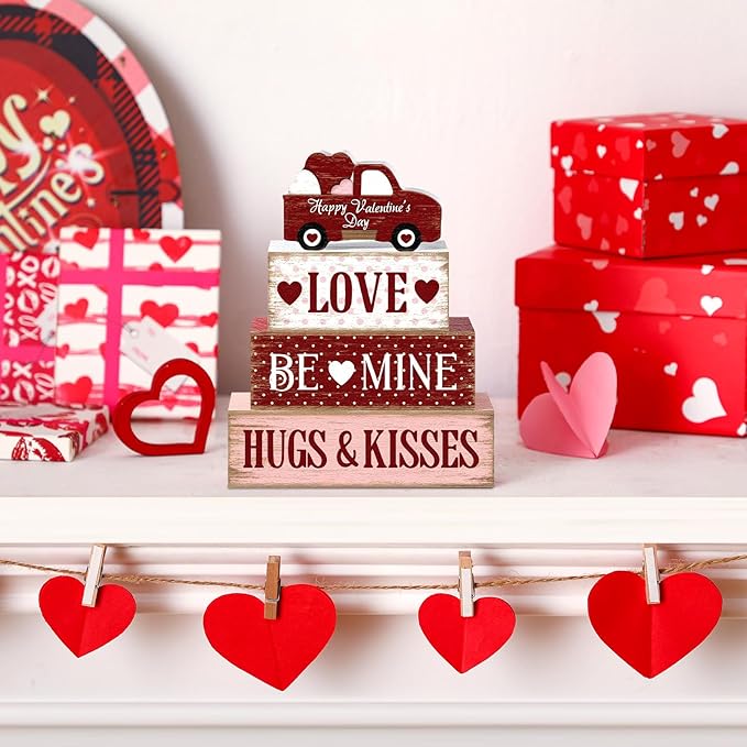 Marsui 4 Pcs Valentine's Day Decorations Truck Wooden Signs Rustic Distressed Table Decor Valentines Centerpieces Blocks Farmhouse Tiered Tray Decor Happy Valentine Day Decorations for Home Desk Shelf