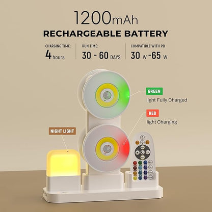4 Pack Under Cabinet Lights with Charging Station, Rechargeable Under Cabinet Lighting with Remote, 3 Color Temps & 12 RGB, Dimmable Motion Sensor Lights for Kitchen, Pantry and Shelf