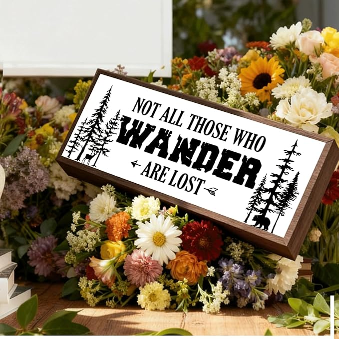 Not All Who Wonder are Lost Sign, Farmhouse Wood Signs, Inspirational Decoration for Home Office Cubicle Classroom, Shelves Decor Art, Decorative Framed Wooden Block Sign