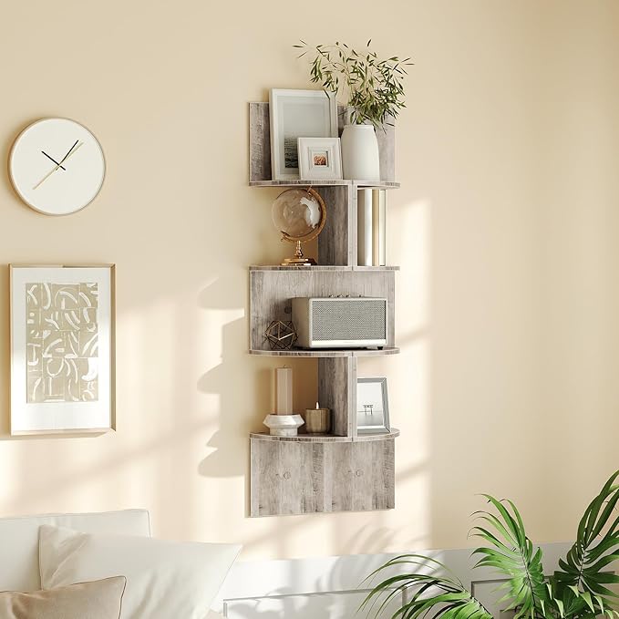 HOOBRO Corner Shelf Wall-Mounted, Set of 2 Floating Corner Shelves, 4-Tier Corner Bookshelves for Wall Decor in Living Room, Bedroom, Bathroom, Home Office, Greige BG25BJP201