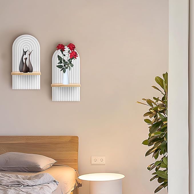 2 PCS Wall Mounted Plant Holder, Wooden Rainbow Plant Wall Shelf, Boho Wall Shelf Mid Century Arch Wood Floating Wall Shelf Decor for Bathroom, Bedroom, Kitchen (Wood-01)