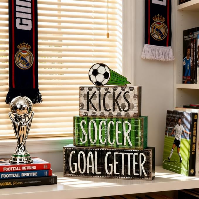 DIYDEC 4Pcs Soccer Tabletop Decorations Ball Wooden Block Signs Gift Rustic Football Tiered Tray Decor Soccer Goal Centerpiece World Cup Table Sign for Home Office Tabletop Fireplace Party Decor
