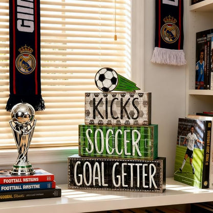 DIYDEC 4Pcs Soccer Tabletop Decorations Ball Wooden Block Signs Gift Rustic Football Tiered Tray Decor Soccer Goal Centerpiece World Cup Table Sign for Home Office Tabletop Fireplace Party Decor
