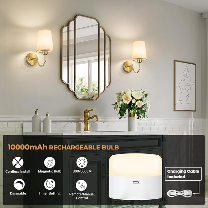 Battery Operated Wall Sconce Set of 2, Rechargeable Wall Sconces with 10000mAh Dimming Magnetic Bulb, Wireless Battery Powered Wall Lights with Pleated for Bedroom Living Room Gallery Hallway,Gold