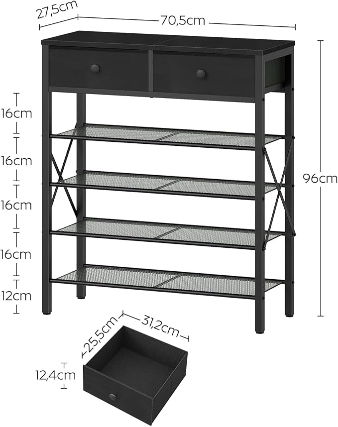 5 Tier Shoe Rack, Large Capacity Shoe Storage Organizer, Metal Shoe Shelf with Drawer and Wooden Top, for 20 Pairs of Shoes, for Entryway, Closet, Black SS25BB