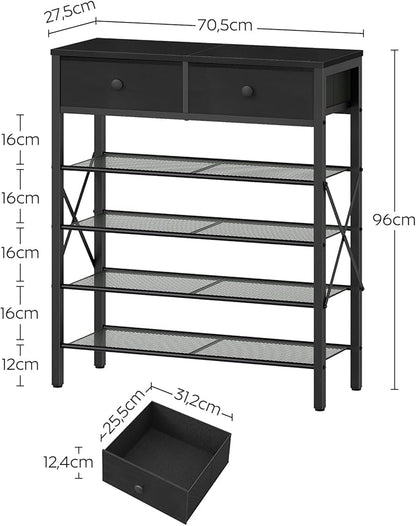 5 Tier Shoe Rack, Large Capacity Shoe Storage Organizer, Metal Shoe Shelf with Drawer and Wooden Top, for 20 Pairs of Shoes, for Entryway, Closet, Black SS25BB