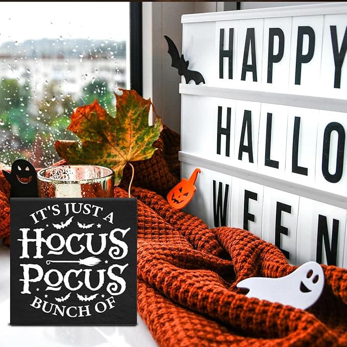 Halloween Sign It's Just a Bunch of Hocus Pocus Wooden Sign Witchy Halloween Decorations for Home Shelf 5 X 5 Inches