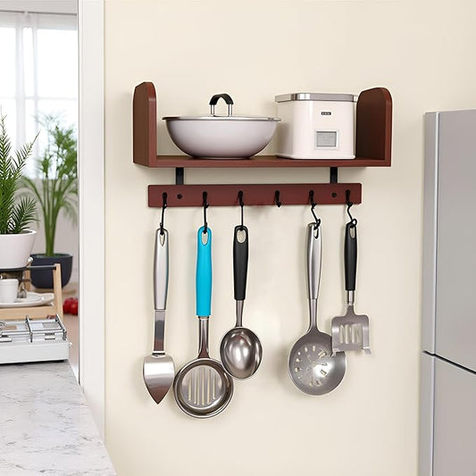 Selling at a Loss Promotion,Wooden Shelf with Hooks - Multipurpose Organizer for Kitchen, Books, Kitchen Shelf - Wall Mounted Natural Wood Storage Rack for Home，Floating Book Shelves
