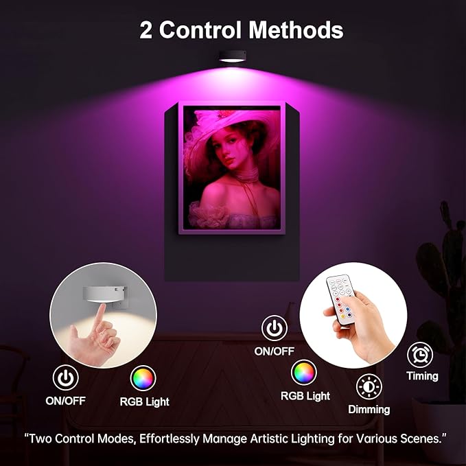 3 Pack Picture Lights for Wall, 13 RGB Color Rechargeable Battery Operated wall lights, Picture Frame lights with 3 Lighting Modes, Wireless Magnetic Painting Light with Remote Control Timer, (White)