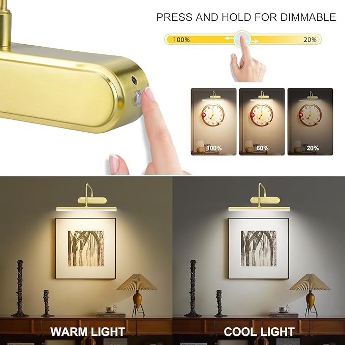 Picture Light,3AA Battery Art Lights for Paintings,Wireless Wall Lighting,Remote Control Accent Light with Timer and Dimmable for Frame,Portrait,Dartboard-Brass
